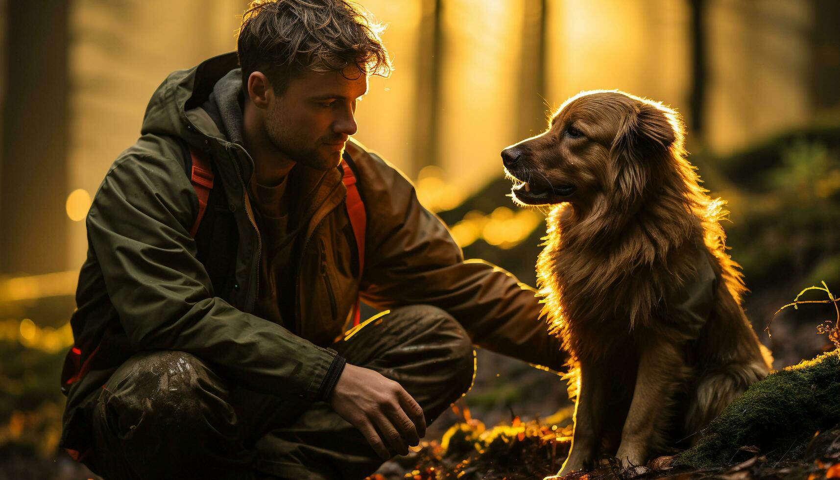 A man and his dog enjoying a playful autumn day generated by AI photo