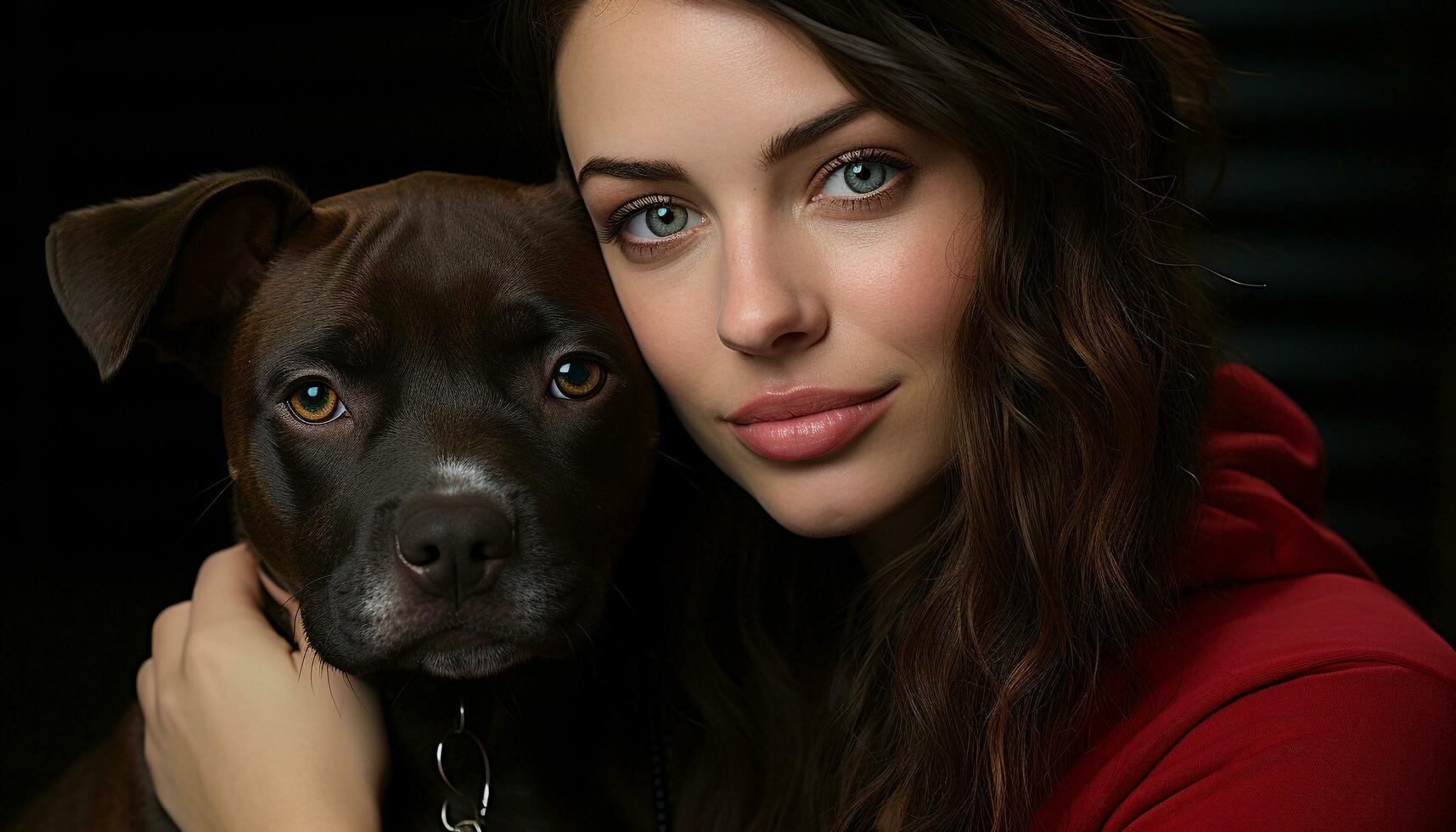 A cute dog and woman, smiling, looking at camera, pure love generated by AI photo