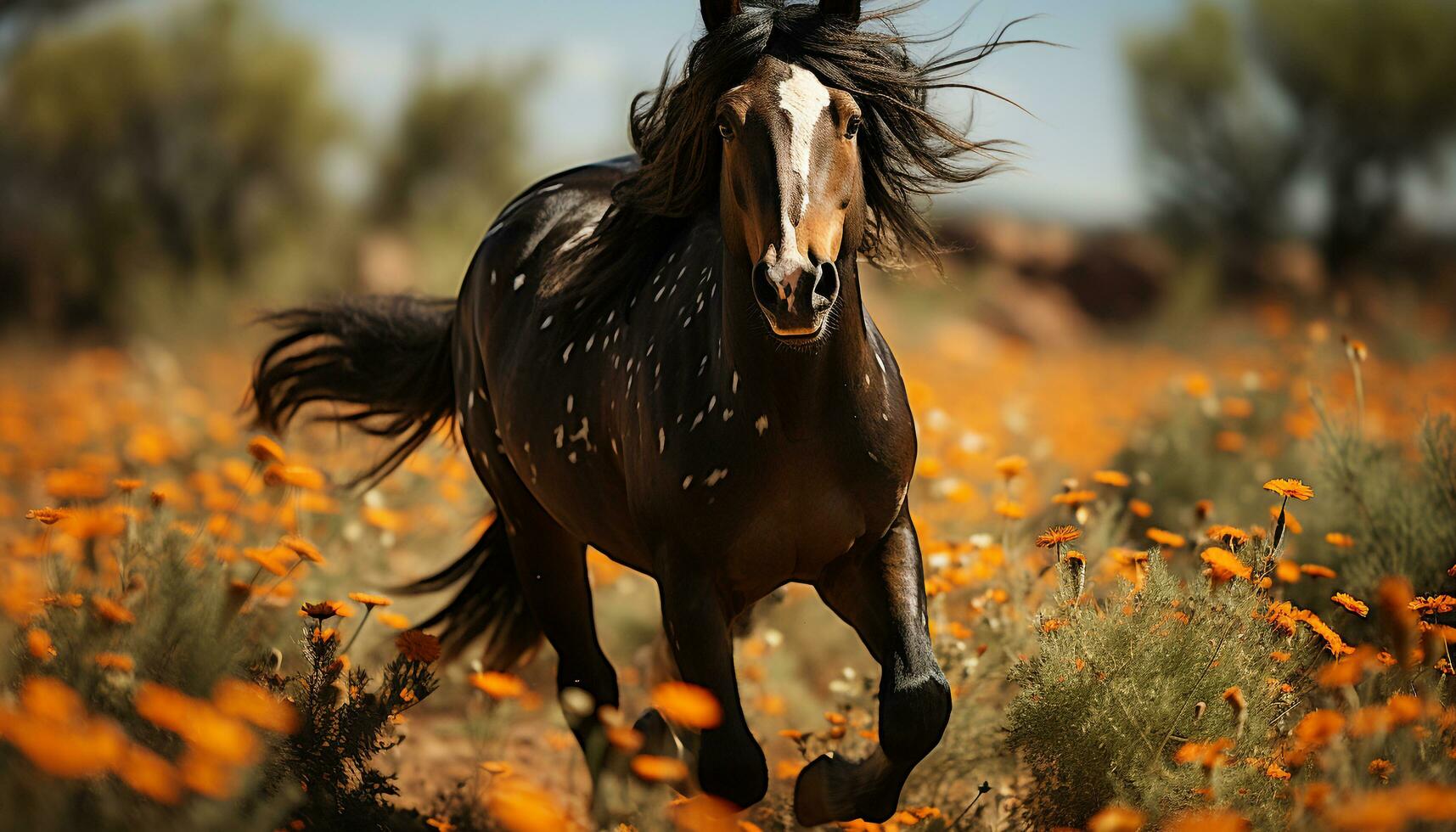 Running stallion in a meadow, showcasing the beauty of nature generated by AI photo