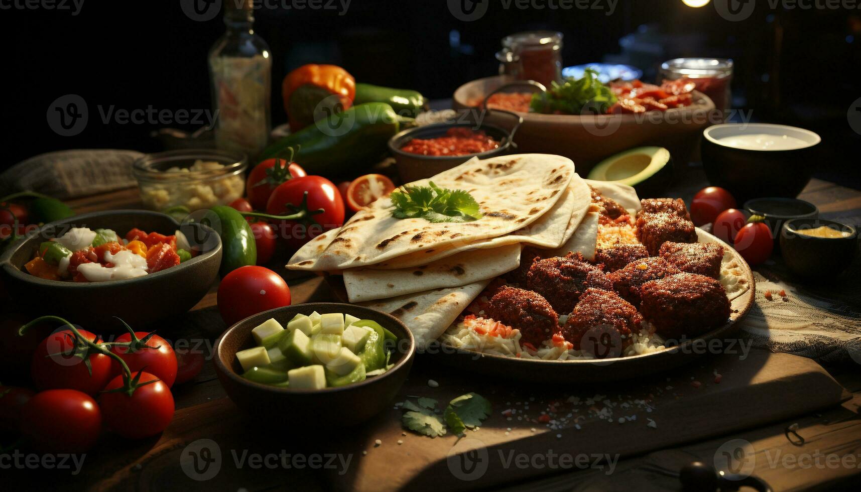 frescura en un de madera mesa tomate, carne, guacamole, verdura, pan, especia generado por ai foto