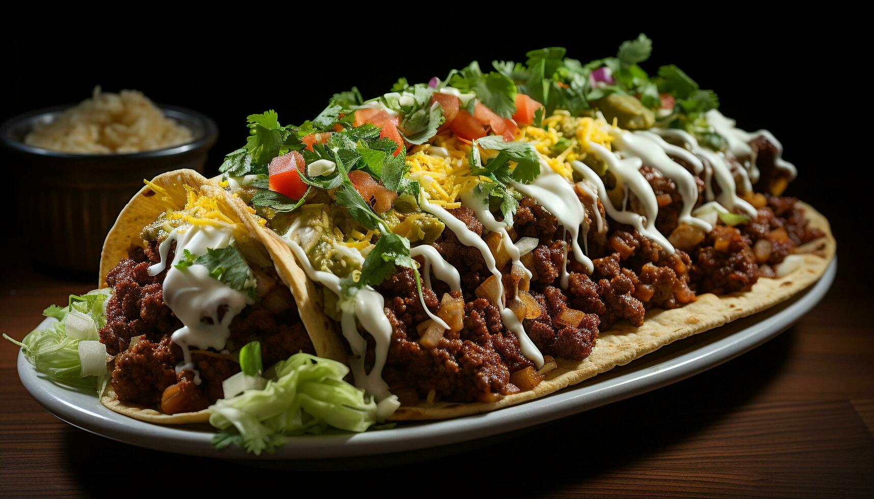 Gourmet taco plate with grilled beef, fresh guacamole, and homemade salsa generated by AI photo