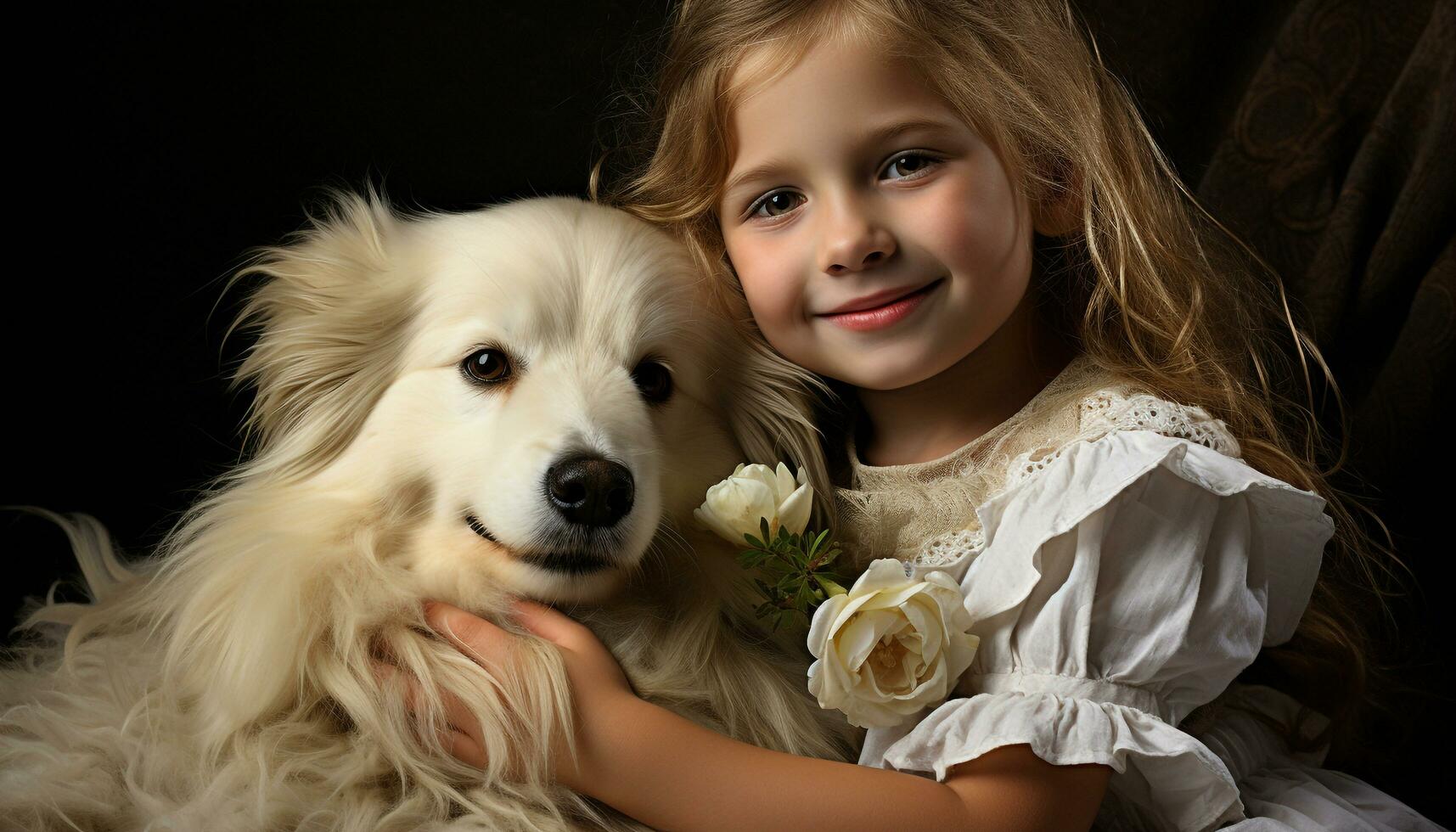 Cute dog and child embrace, smiling, pure love and happiness generated by AI photo