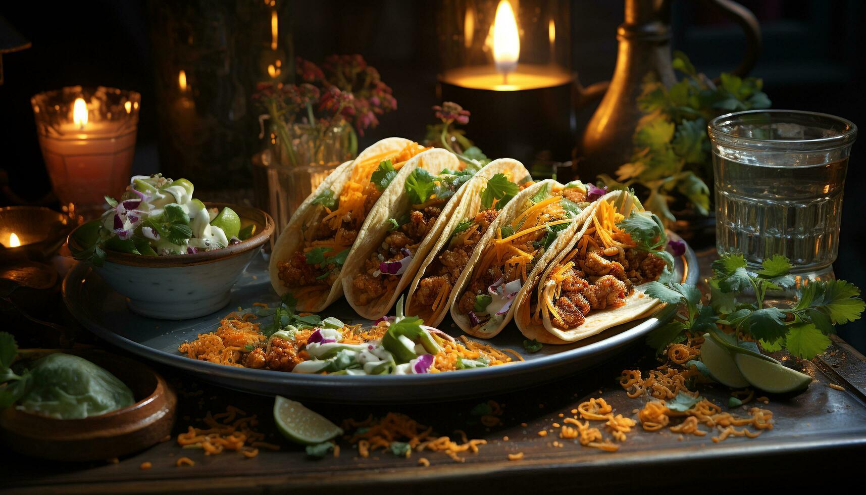 Freshness and spice on a grilled meat taco, a gourmet lunch generated by AI photo
