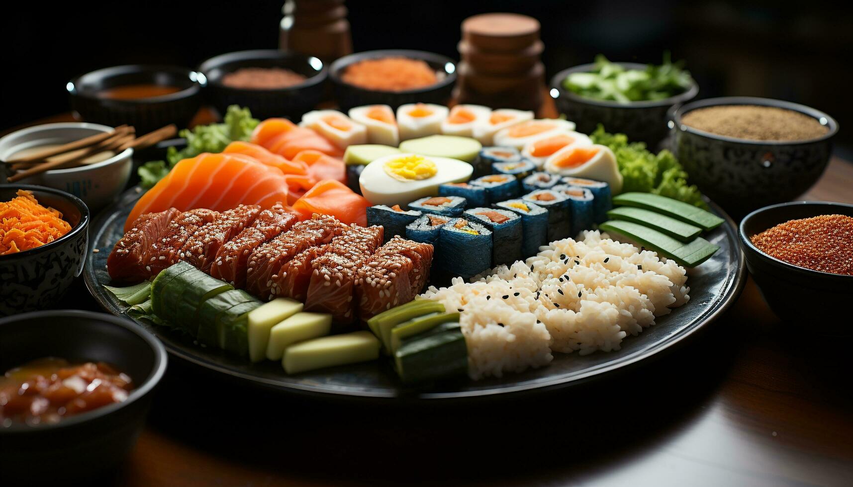 Fresh seafood plate, sushi variation, healthy eating, Japanese culture collection generated by AI photo