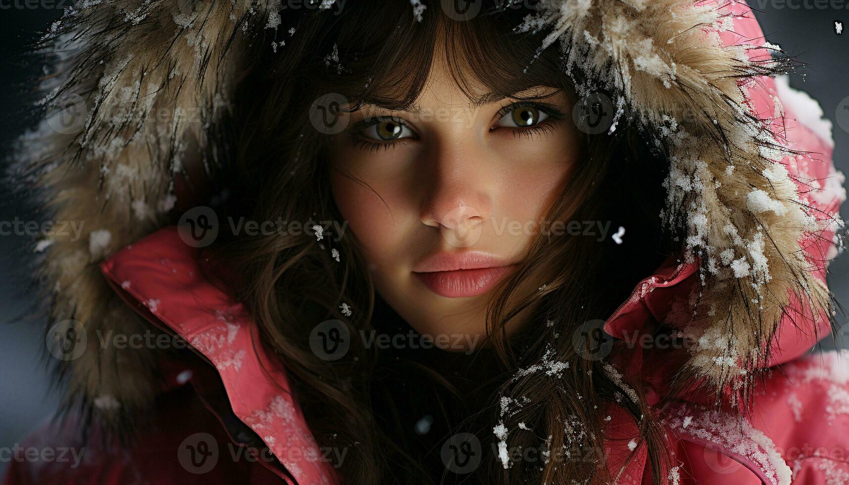Winter beauty Caucasian woman, snow, fashion, smiling, cute, nature, elegance generated by AI photo
