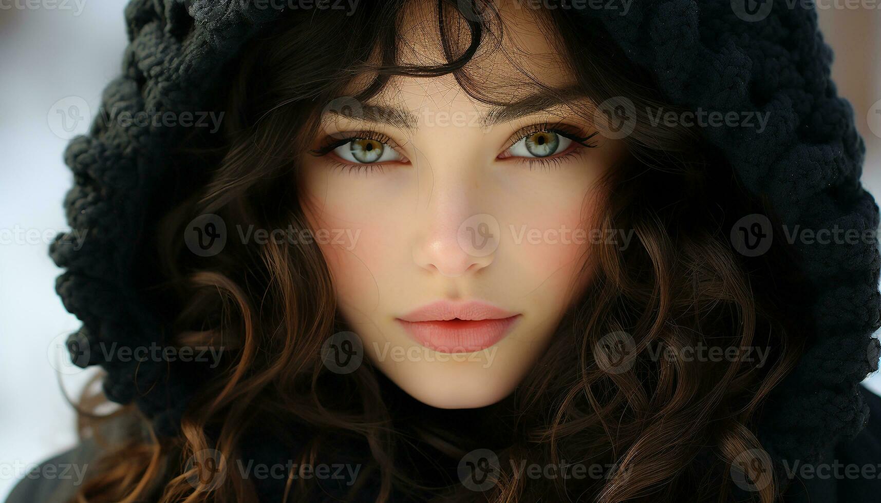Beautiful woman with brown hair and brown eyes, looking at camera generated by AI photo