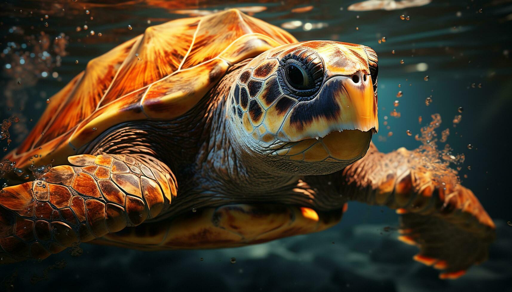 A slow, large sea turtle swimming in the underwater reef generated by AI photo