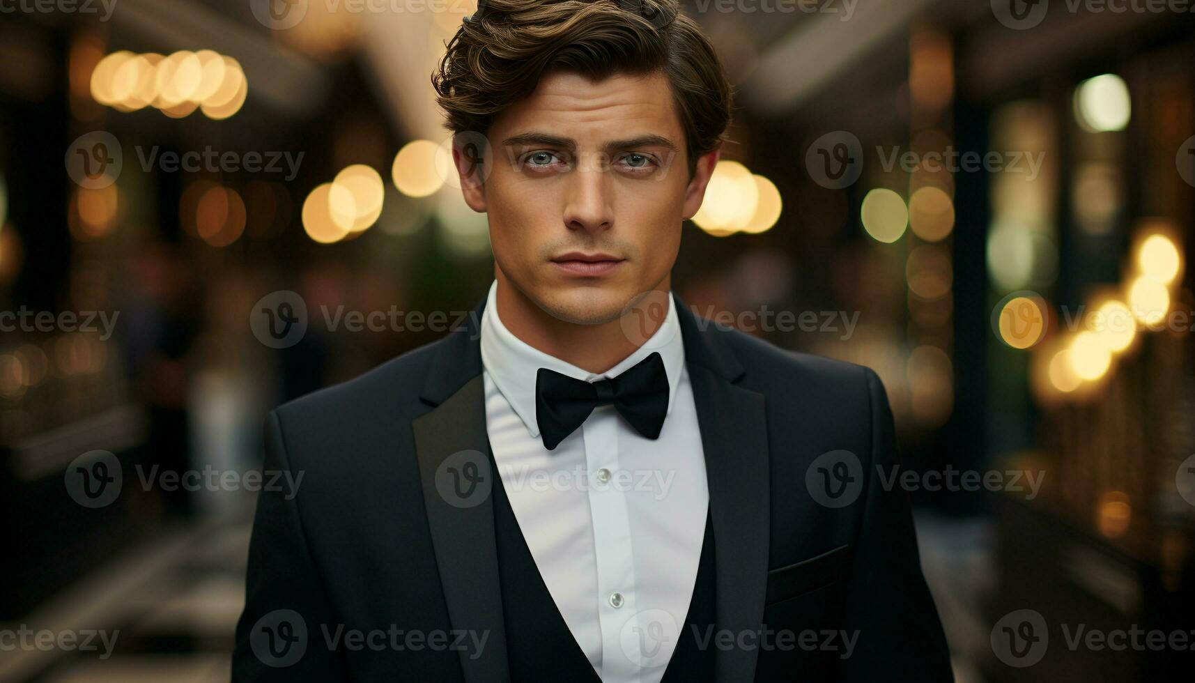 Confident businessman, elegant suit, brown hair, looking at camera generated by AI photo