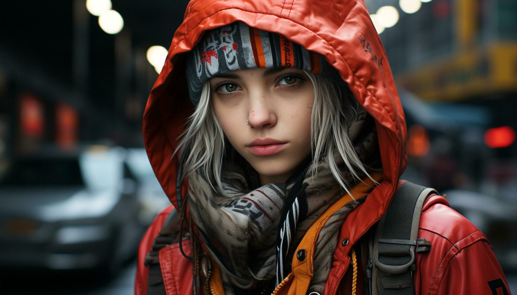 Smiling young woman in wet city, wearing warm clothing generated by AI photo