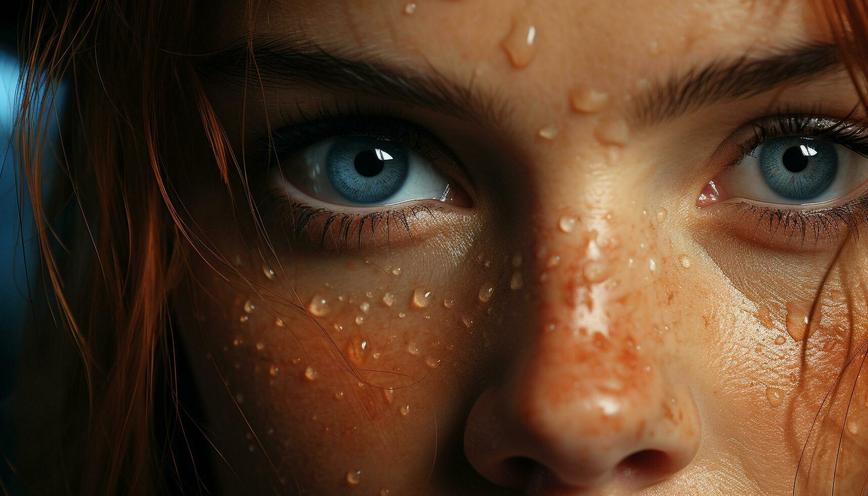 mojado soltar en mujer rostro, belleza en naturaleza retrato generado por ai foto