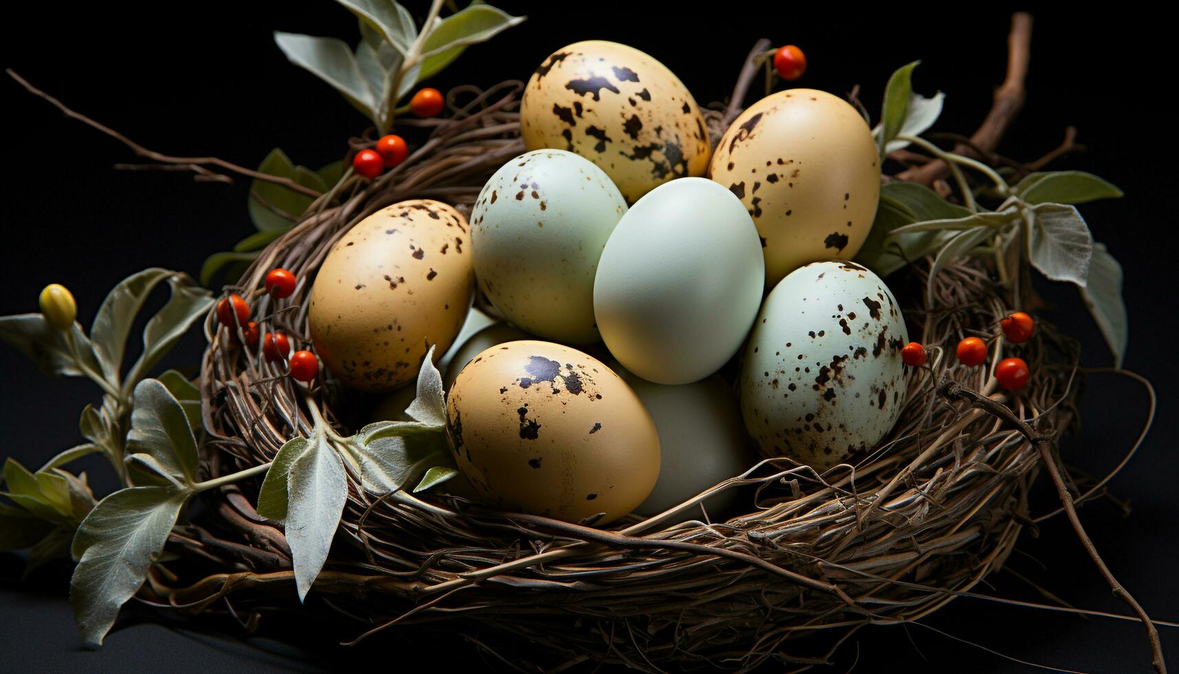 Freshness of springtime celebrated with cute animal nests and colorful eggs generated by AI photo