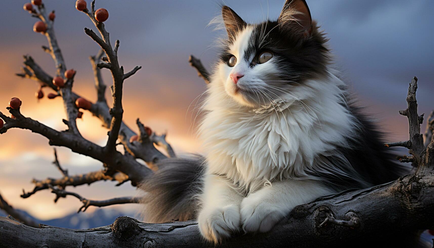 Cute kitten sitting on a branch, staring at the camera generated by AI photo