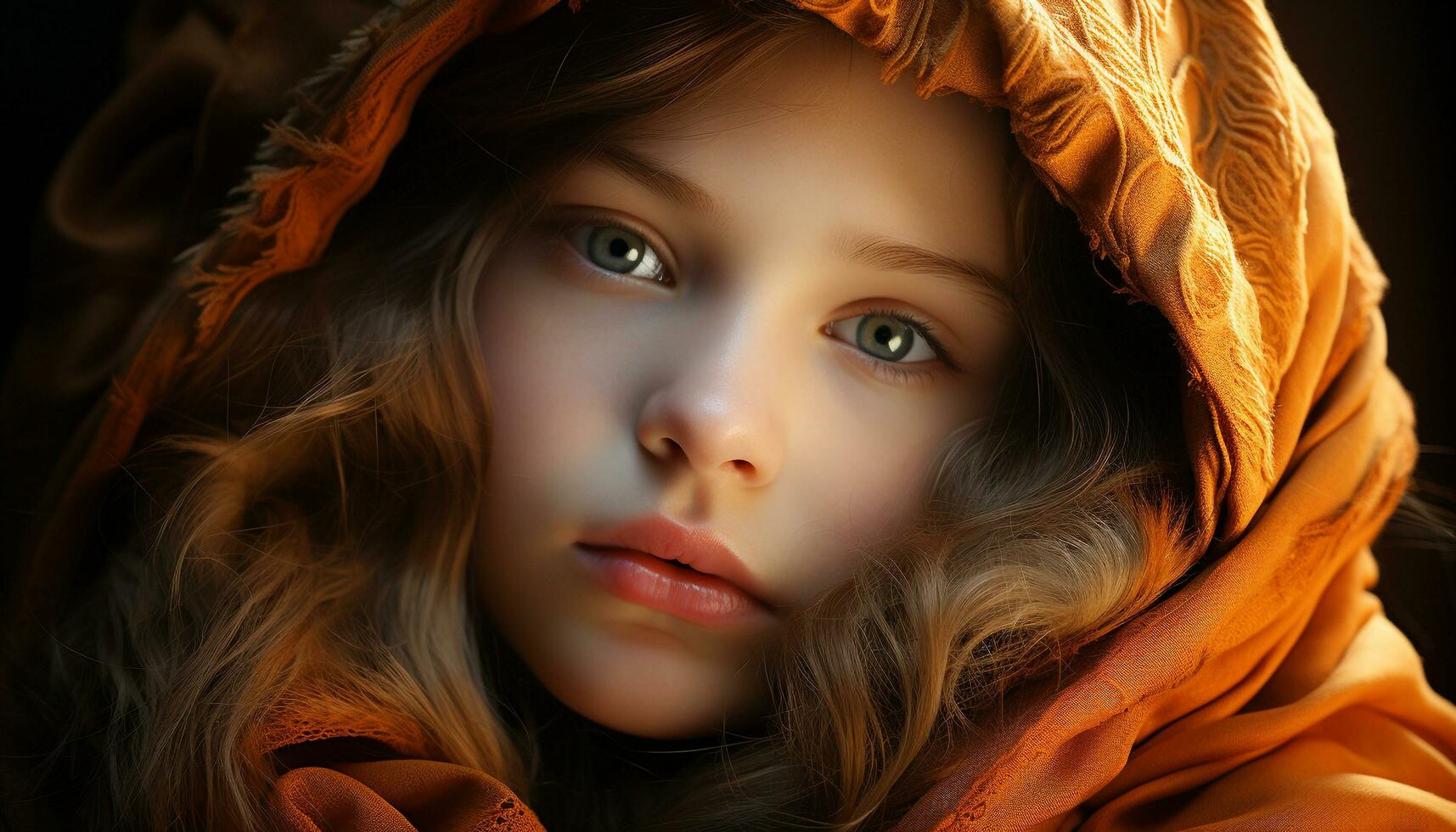 Cute Caucasian girl with long brown hair smiling at camera generated by AI photo