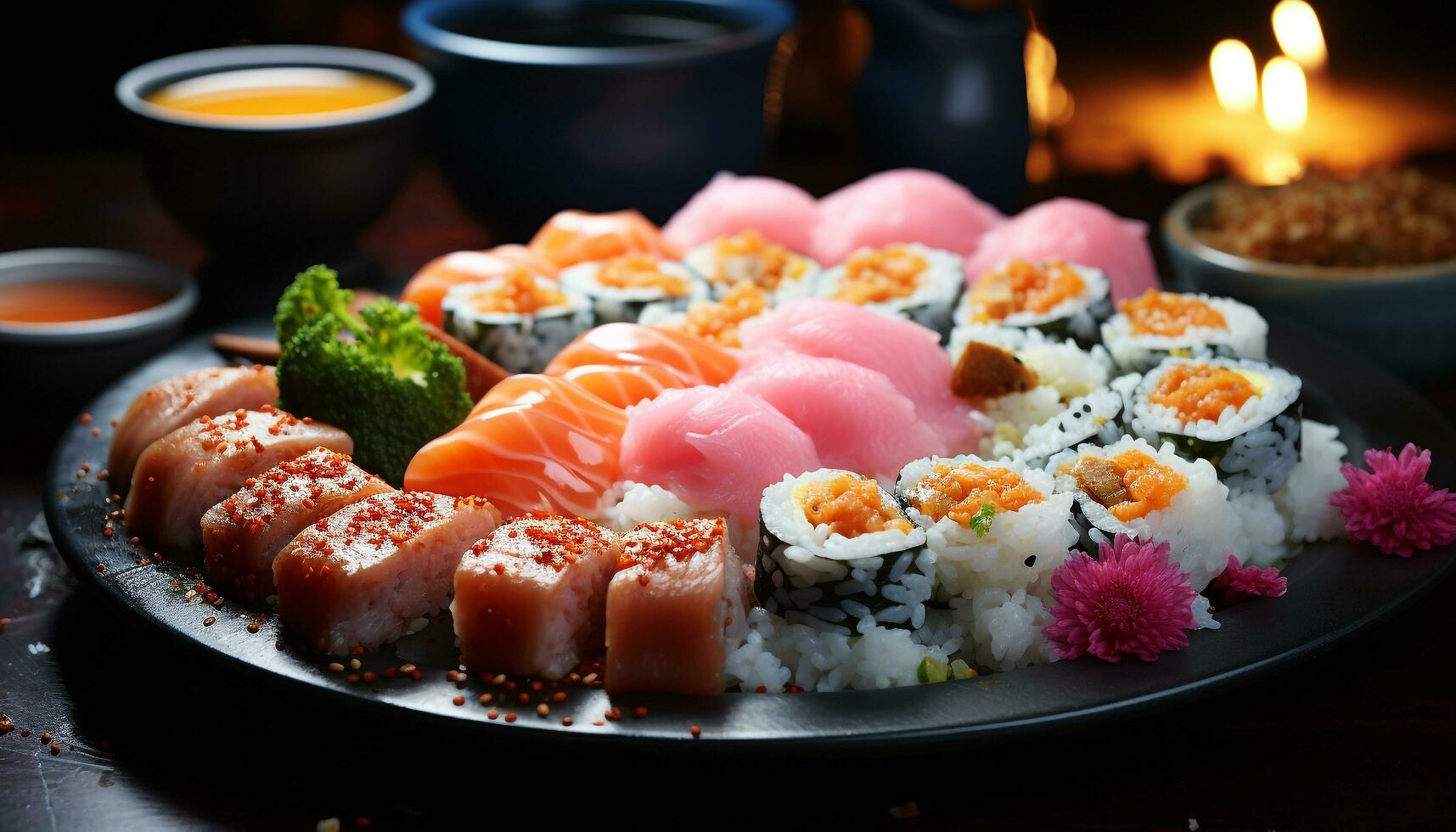 Freshness and cultures on a plate, sashimi and nigiri delight generated by AI photo