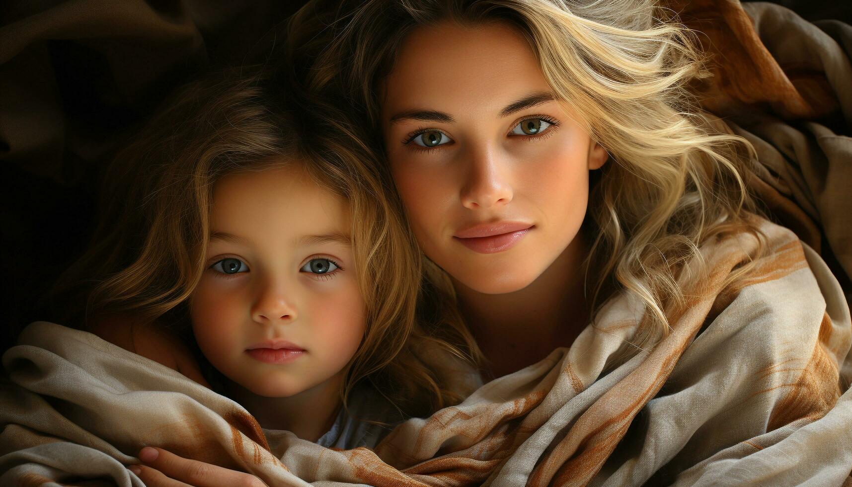 A loving mother and child, smiling, embracing in their bedroom generated by AI photo