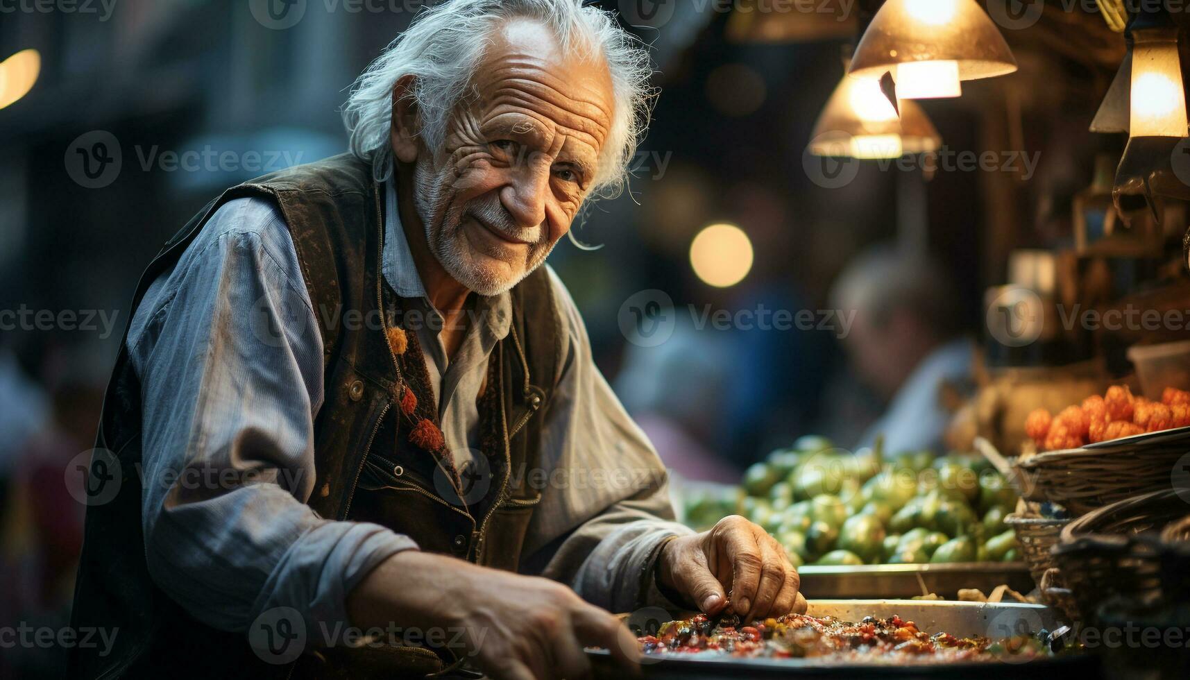 Smiling senior man holding fruit, enjoying retirement in autumn city generated by AI photo