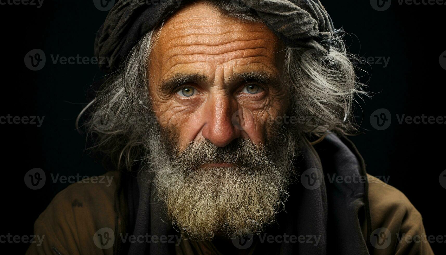 A wise, aged man with a beard, gray hair, and wrinkles generated by AI photo
