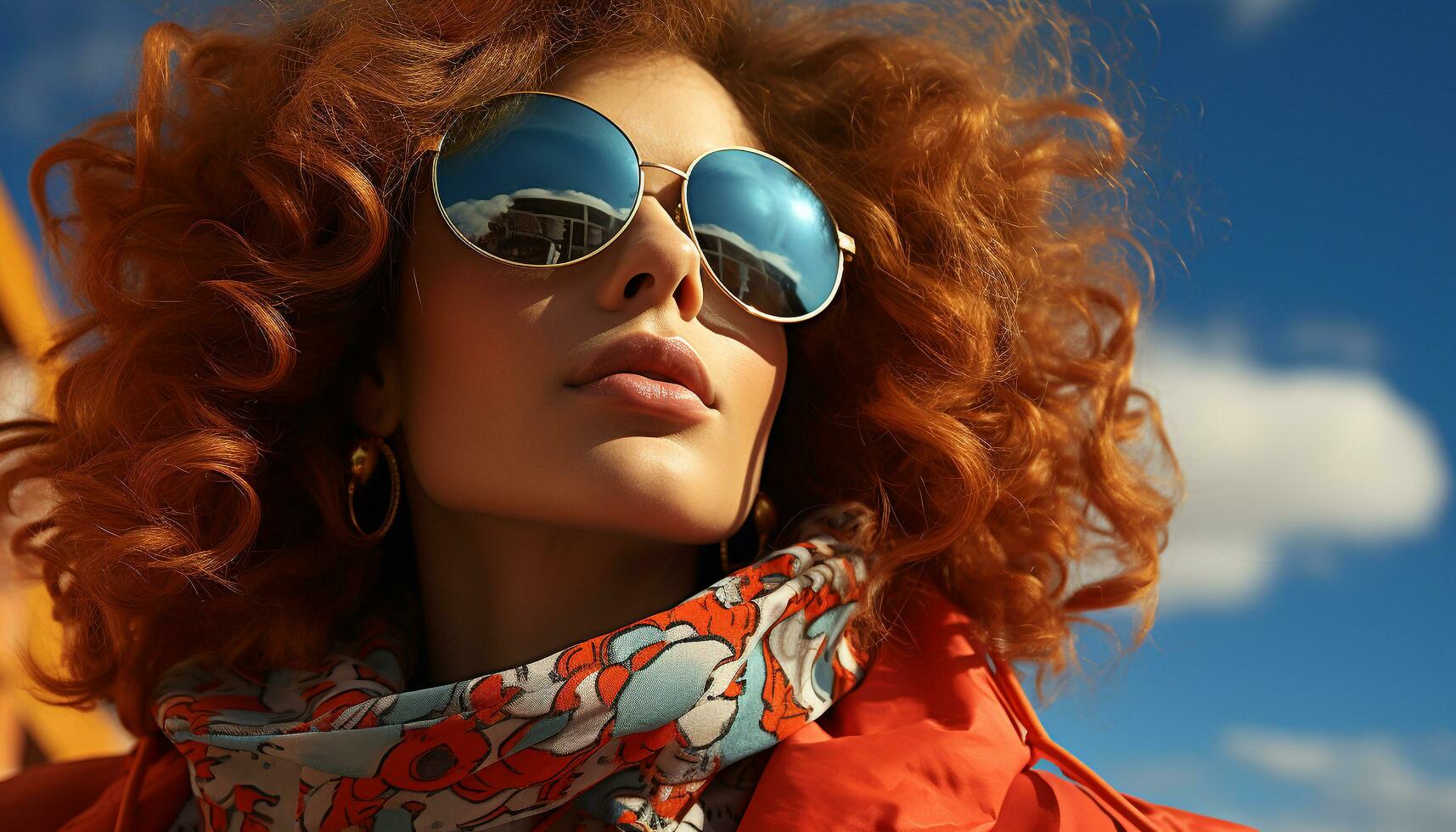 sonriente mujer con Gafas de sol exuda elegancia y verano Moda generado por ai foto