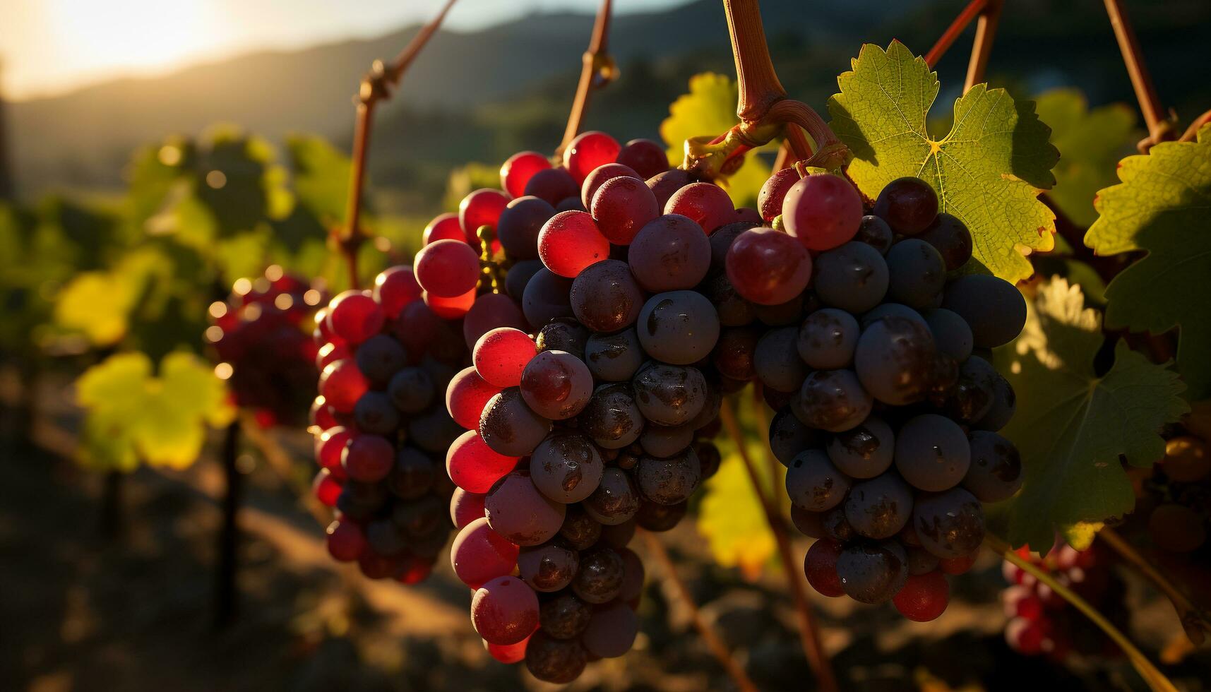 Grapevine leaves in autumn, ripe bunches, winery, and rural scene generated by AI photo