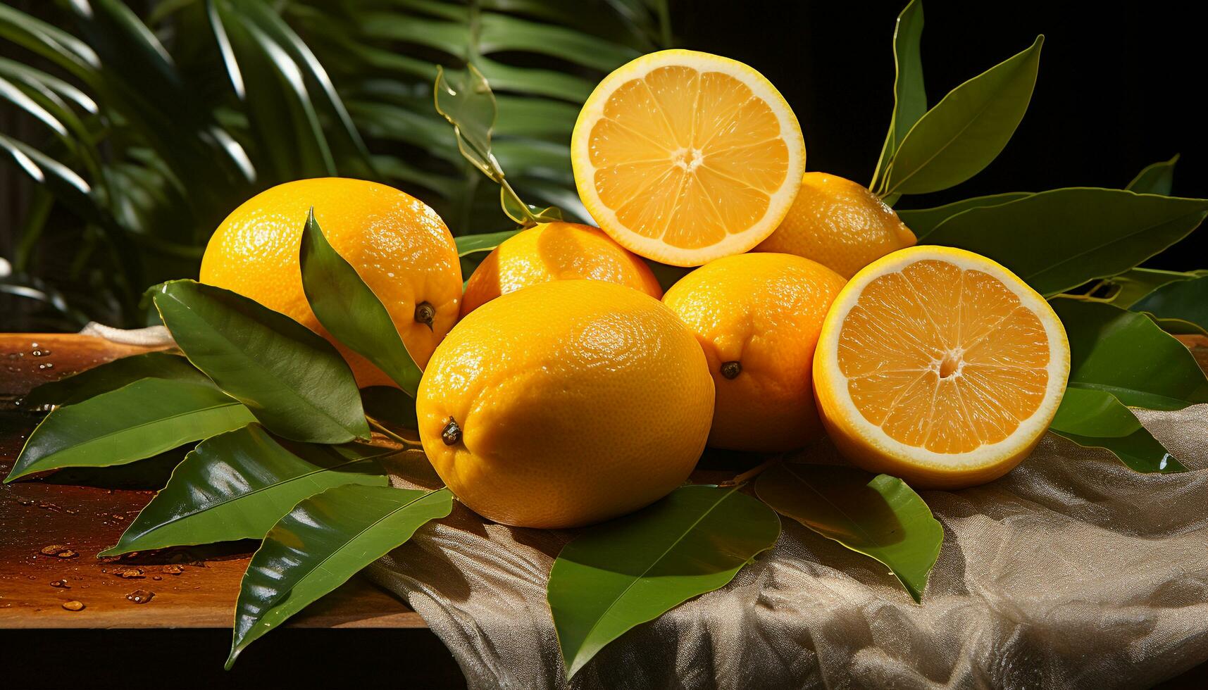 Freshness and nature combine in vibrant citrus fruit on wooden table generated by AI photo