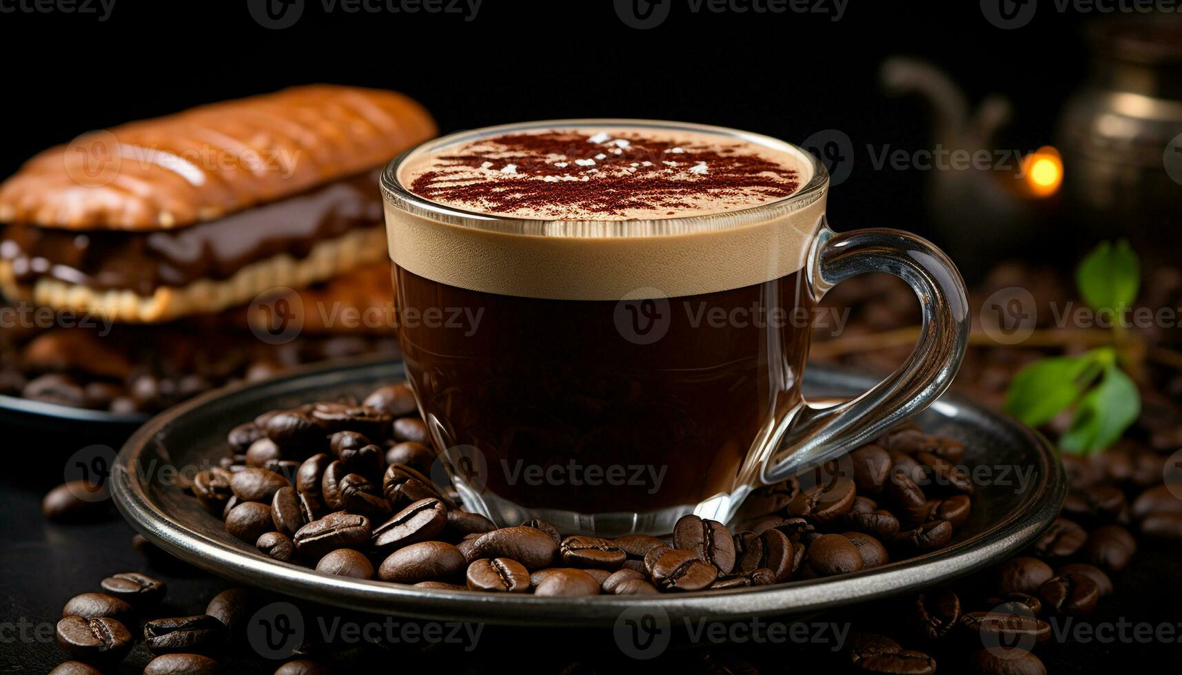 Freshness in a cup, dark liquid, frothy, aromatic, coffee bean generated by AI photo