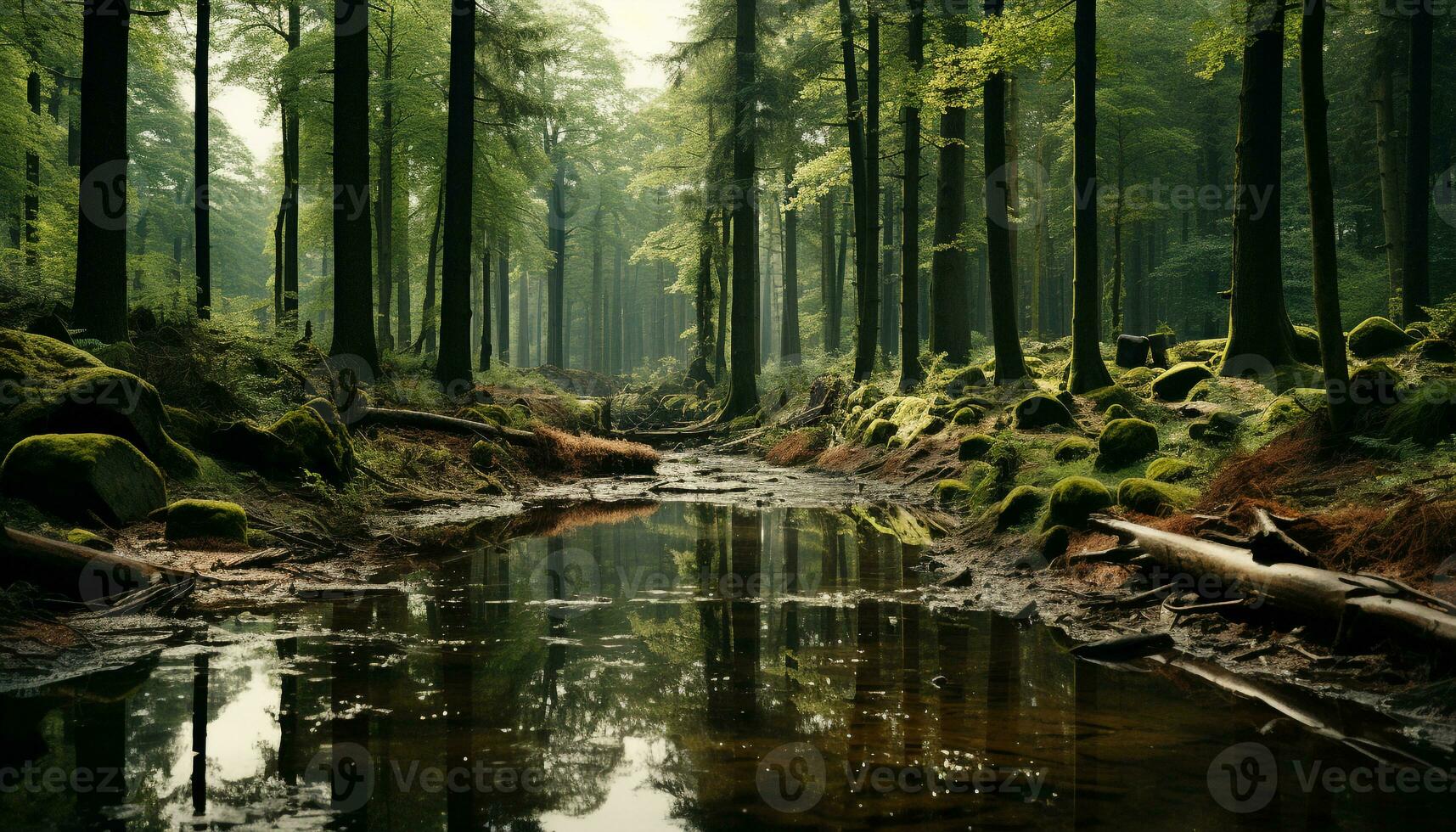 Tranquil scene of a wet forest, reflecting the beauty of nature generated by AI photo