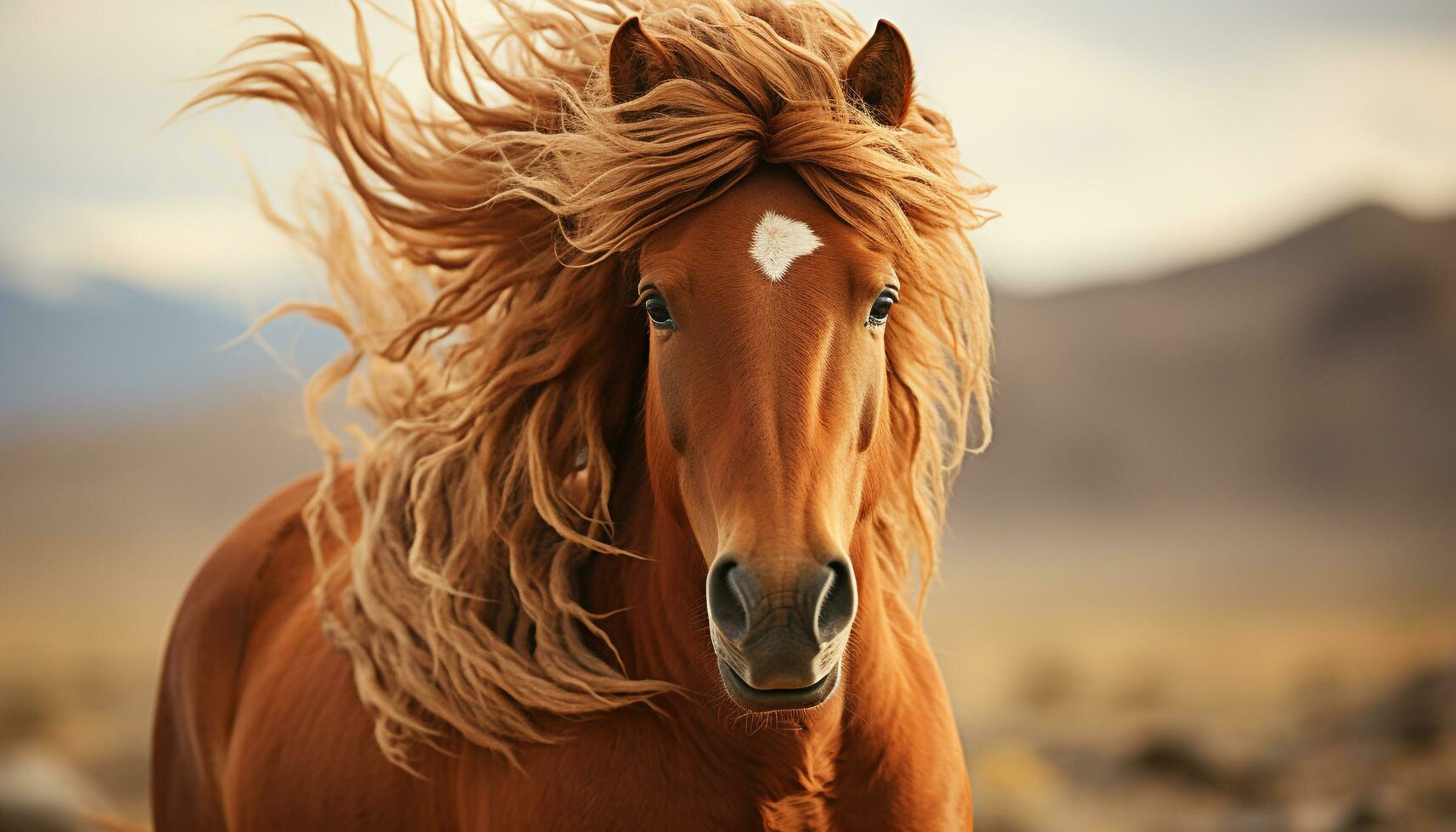 Majestic stallion grazes freely in tranquil meadow at sunset generated by AI photo