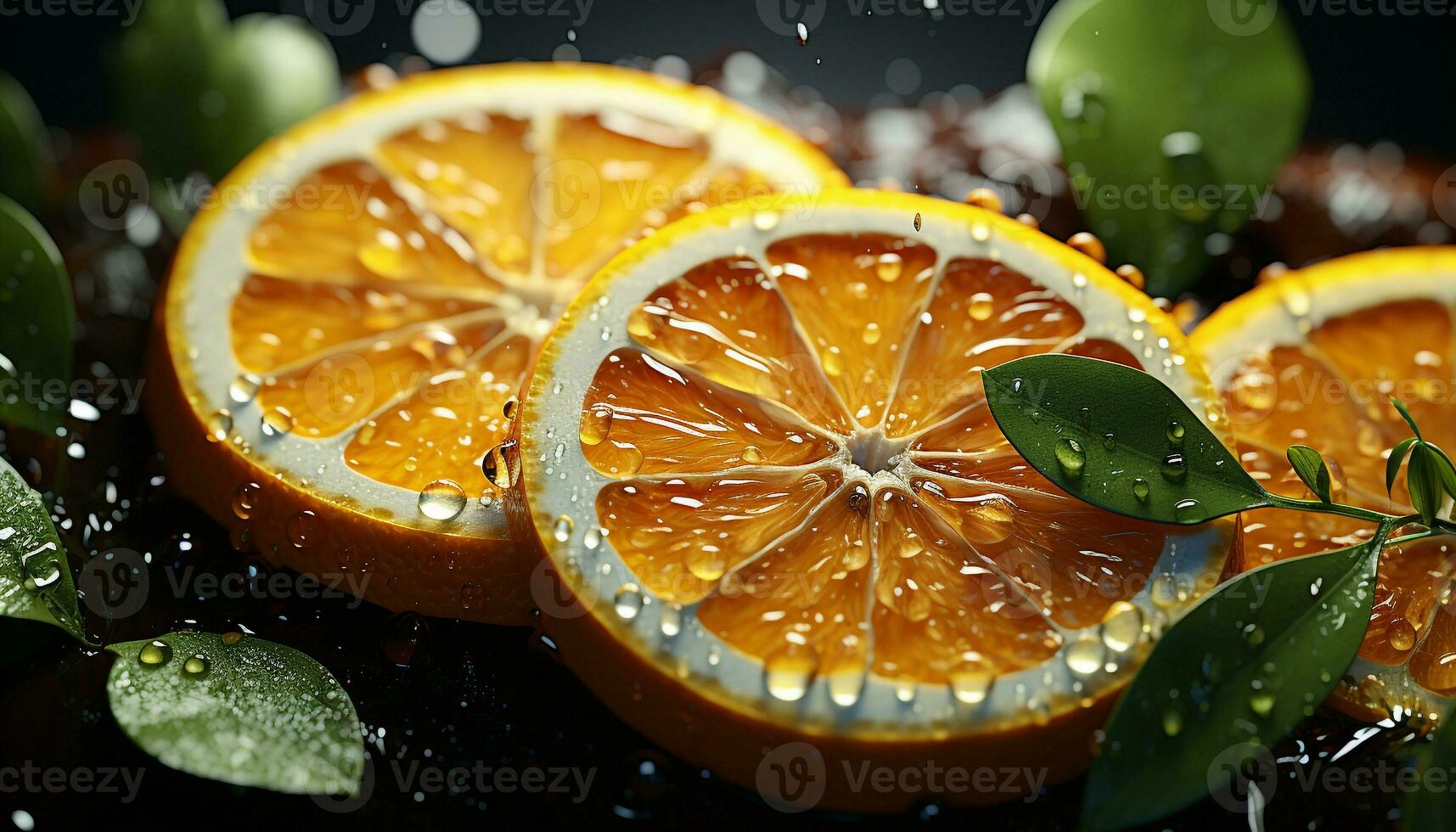 Freshness of citrus fruit, nature healthy eating, wet lemon slice generated by AI photo