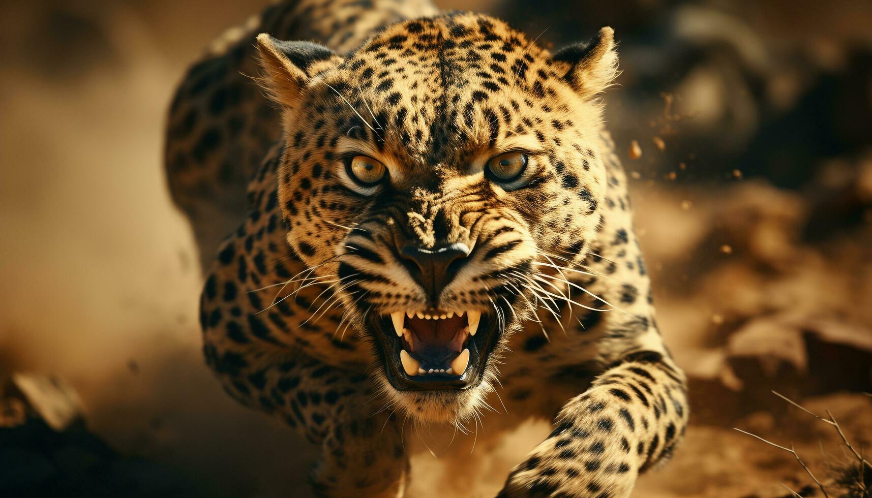 Cheetah, majestic big cat, walking in the wilderness, focused and fierce generated by AI photo