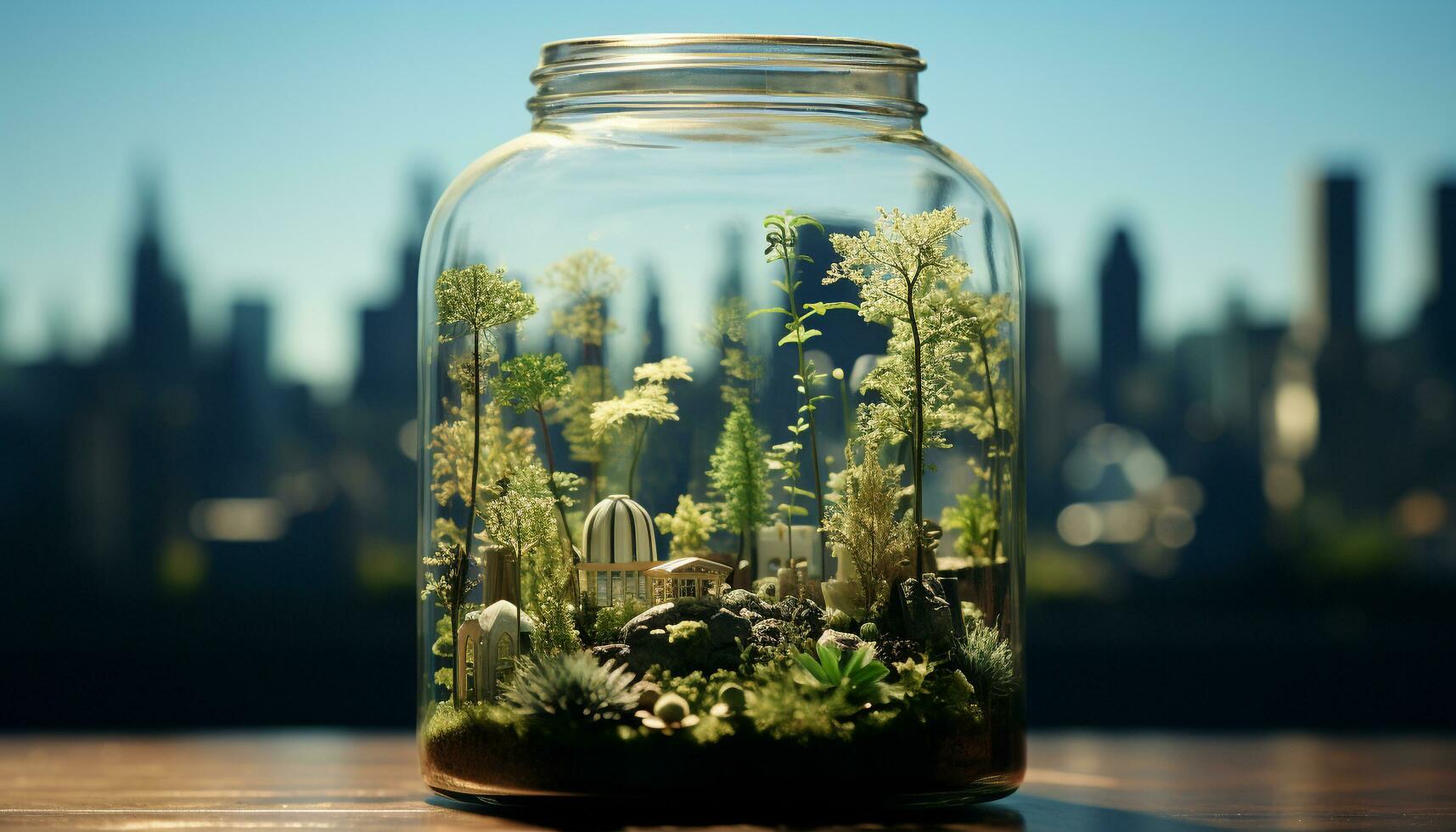 Nature growth in a transparent jar, underwater, with green plants generated by AI photo