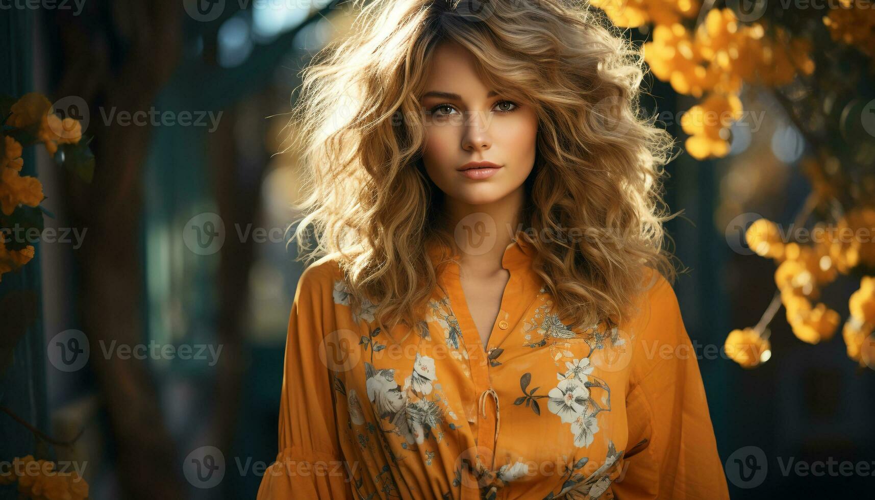 A beautiful young woman in autumn, looking at the camera generated by AI photo