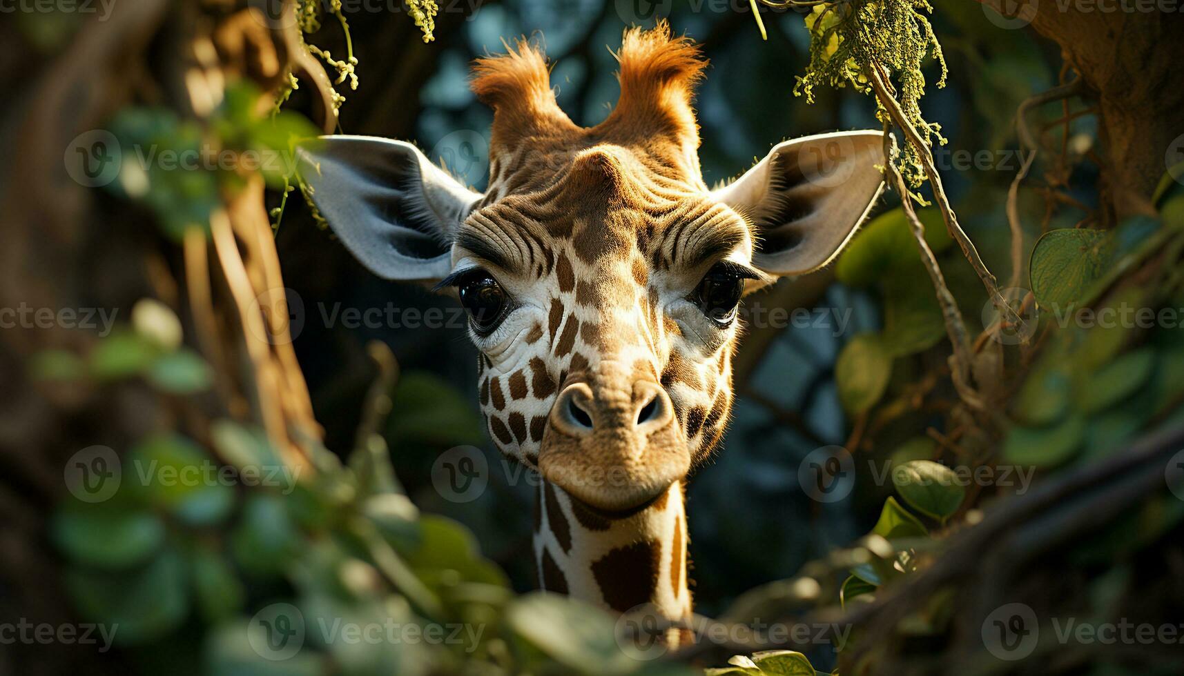 Giraffe in the wild, looking cute, standing in green meadow generated by AI photo