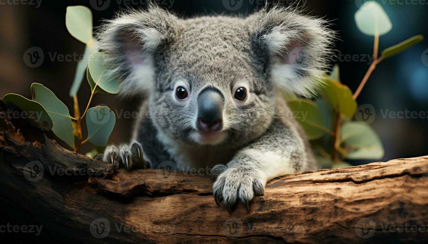 A cute koala sitting on a eucalyptus tree branch, looking at camera generated by AI photo