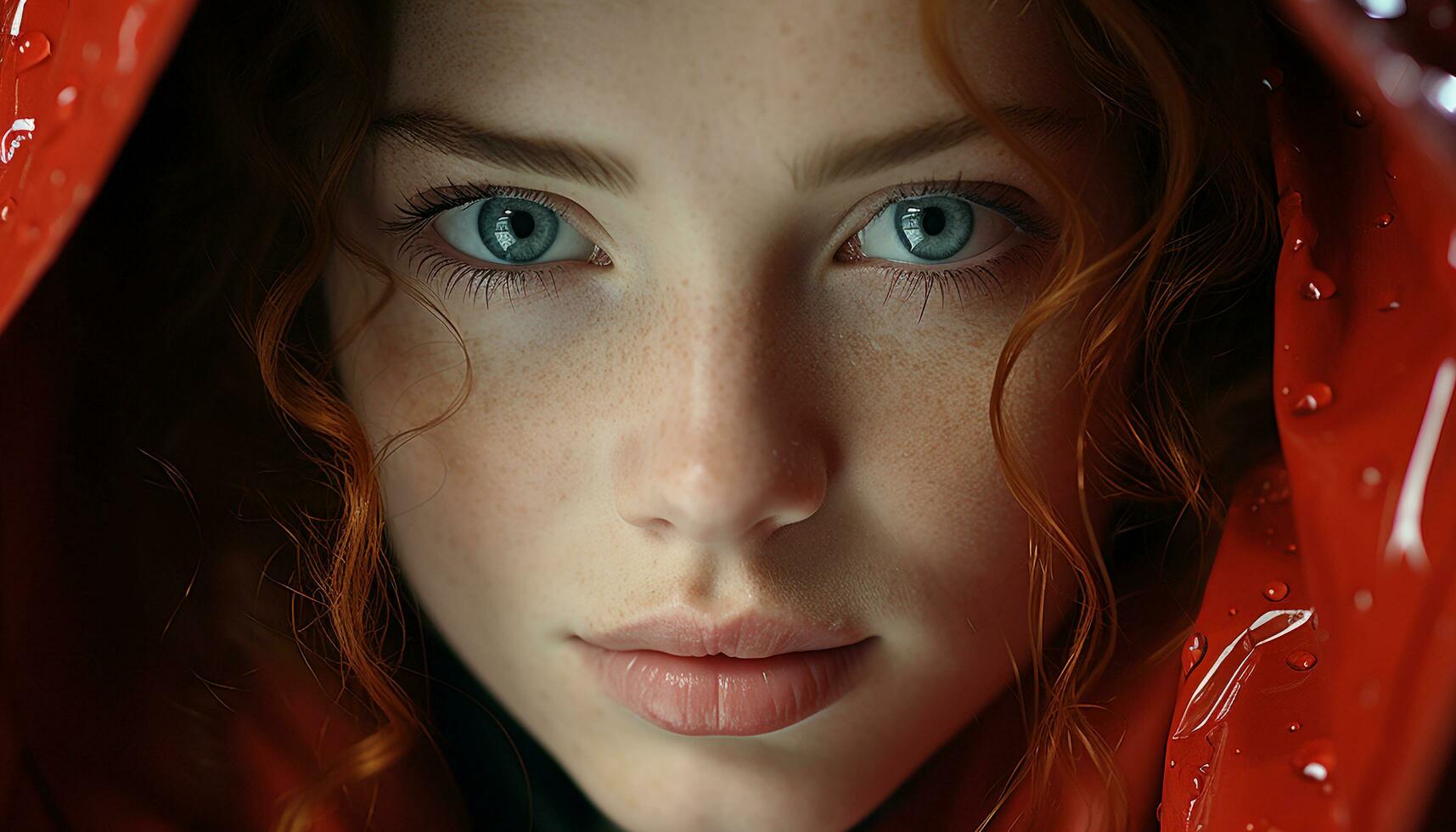 A beautiful young woman, wet hair, looking at the camera generated by AI photo