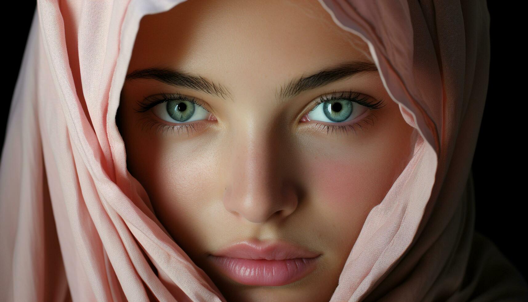 Beautiful young woman in hijab, looking at camera with elegance generated by AI photo