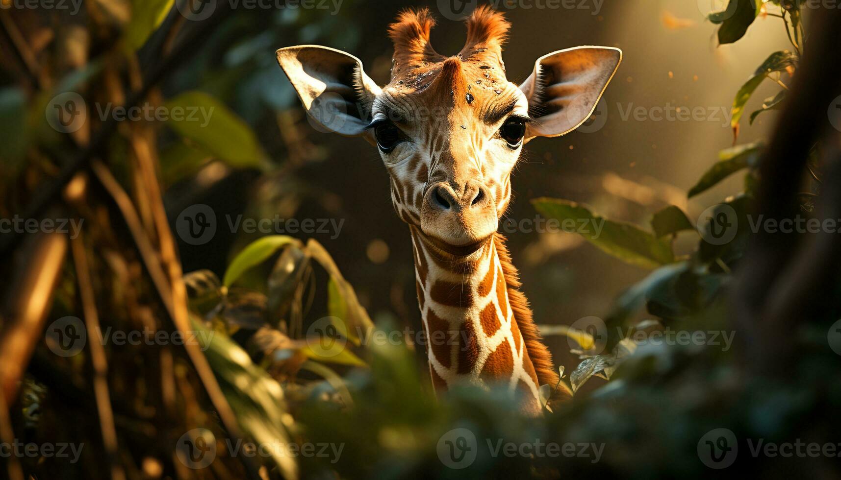 Giraffe in the wild, looking cute, surrounded by green grass generated by AI photo