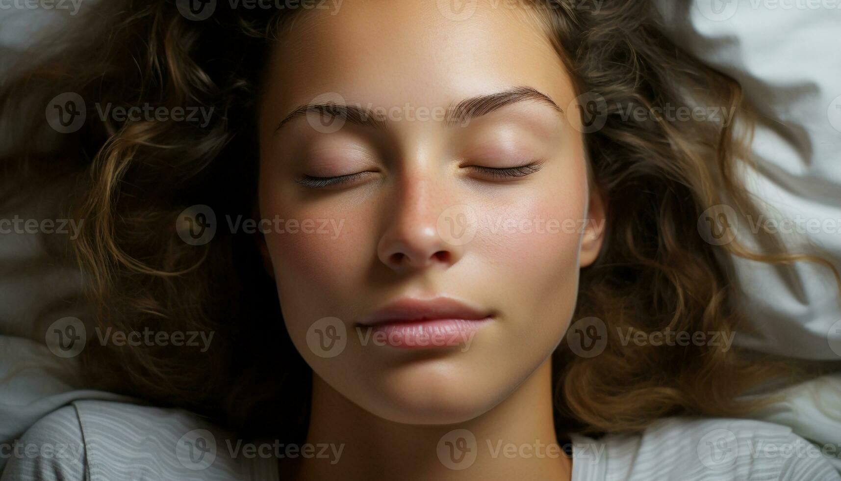 A serene young woman, eyes closed, resting on a comfortable bed generated by AI photo