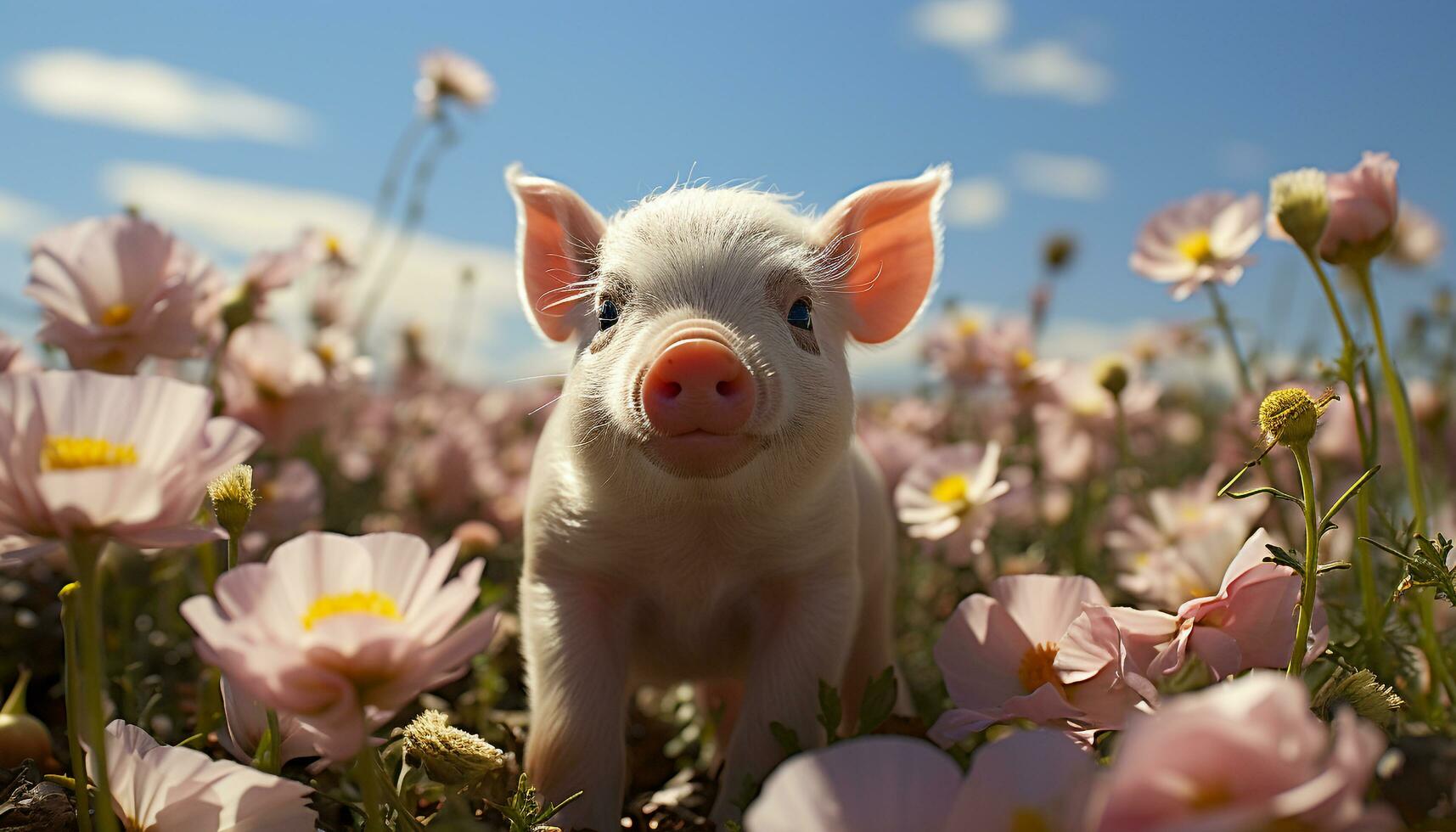 Cute piglet grazing in the meadow, surrounded by flowers and nature generated by AI photo