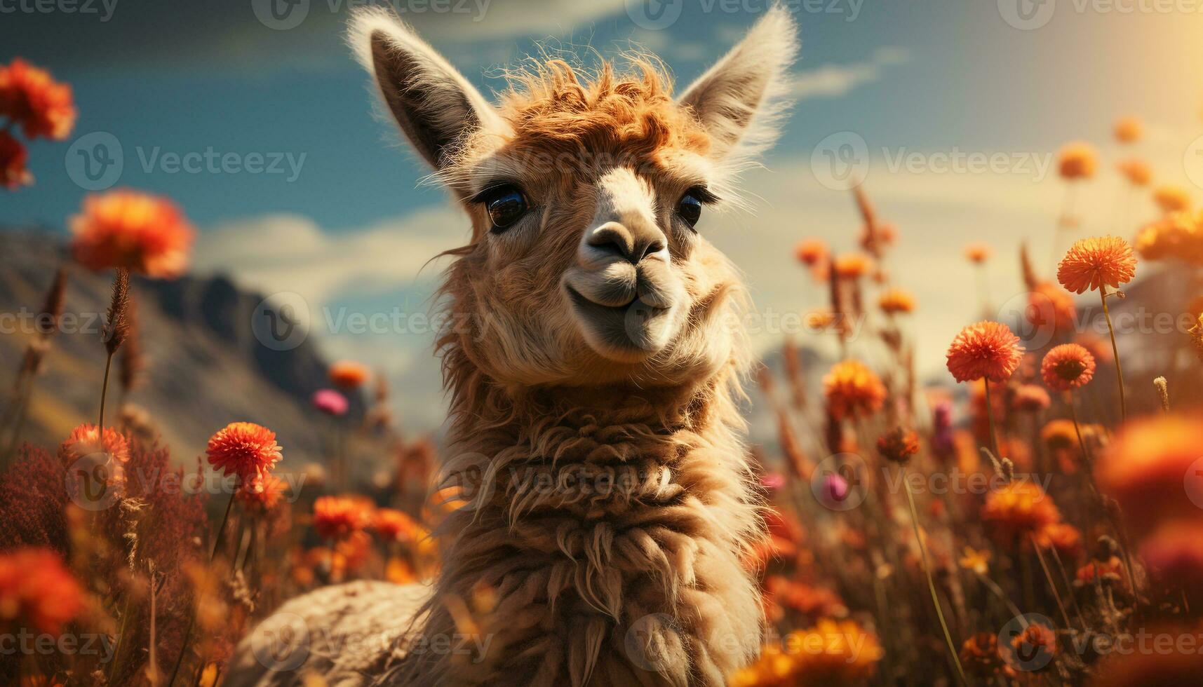 Cute alpaca grazing in green meadow, enjoying the beautiful sunset generated by AI photo