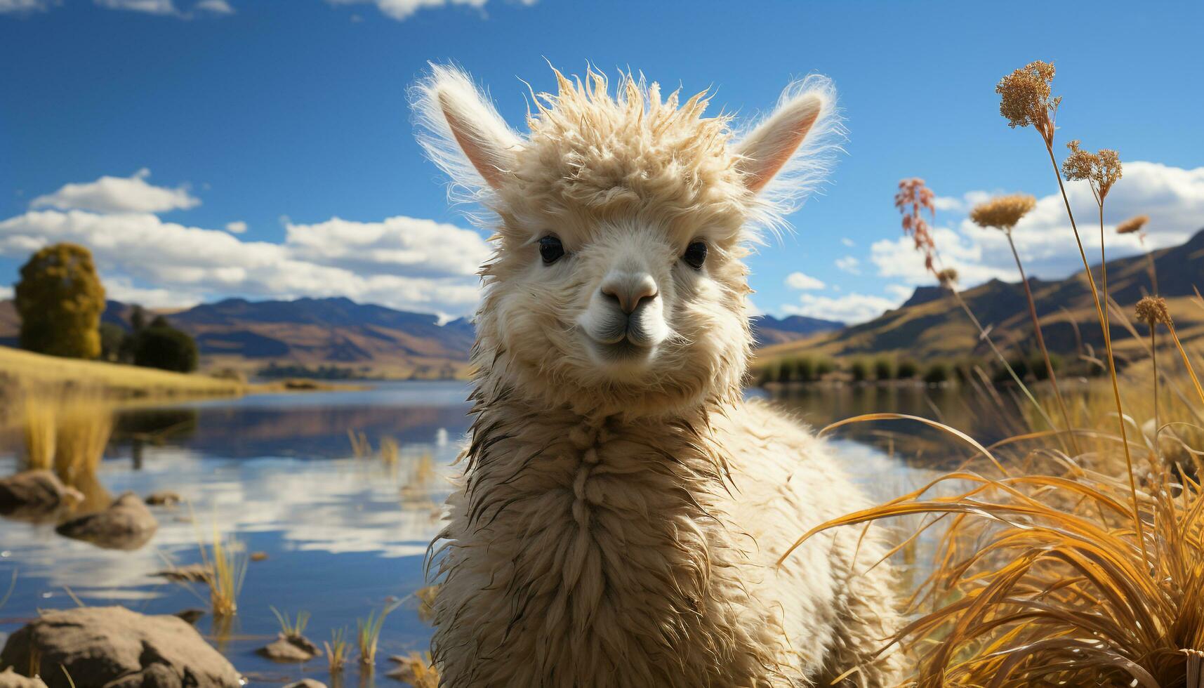 A fluffy alpaca grazes in the autumn meadow, looking at camera generated by AI photo