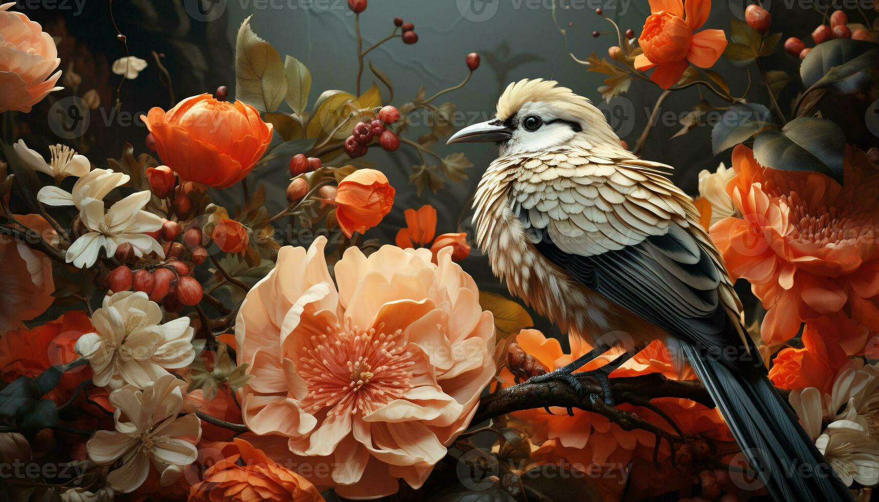 A vibrant, multi colored flower blossom perched on a small branch generated by AI photo