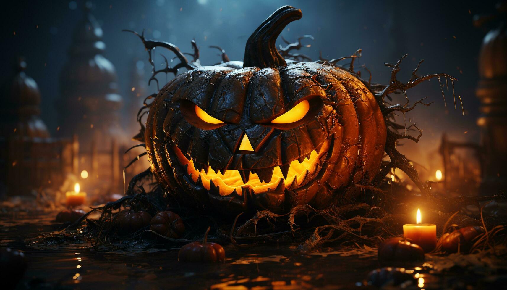 Spooky night, glowing pumpkin, autumn celebration, horror party, candlelight mystery generated by AI photo