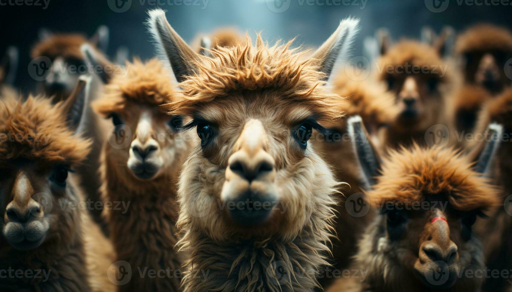 Cute alpaca herd, fluffy fur, close up portrait, nature adorable livestock generated by AI photo