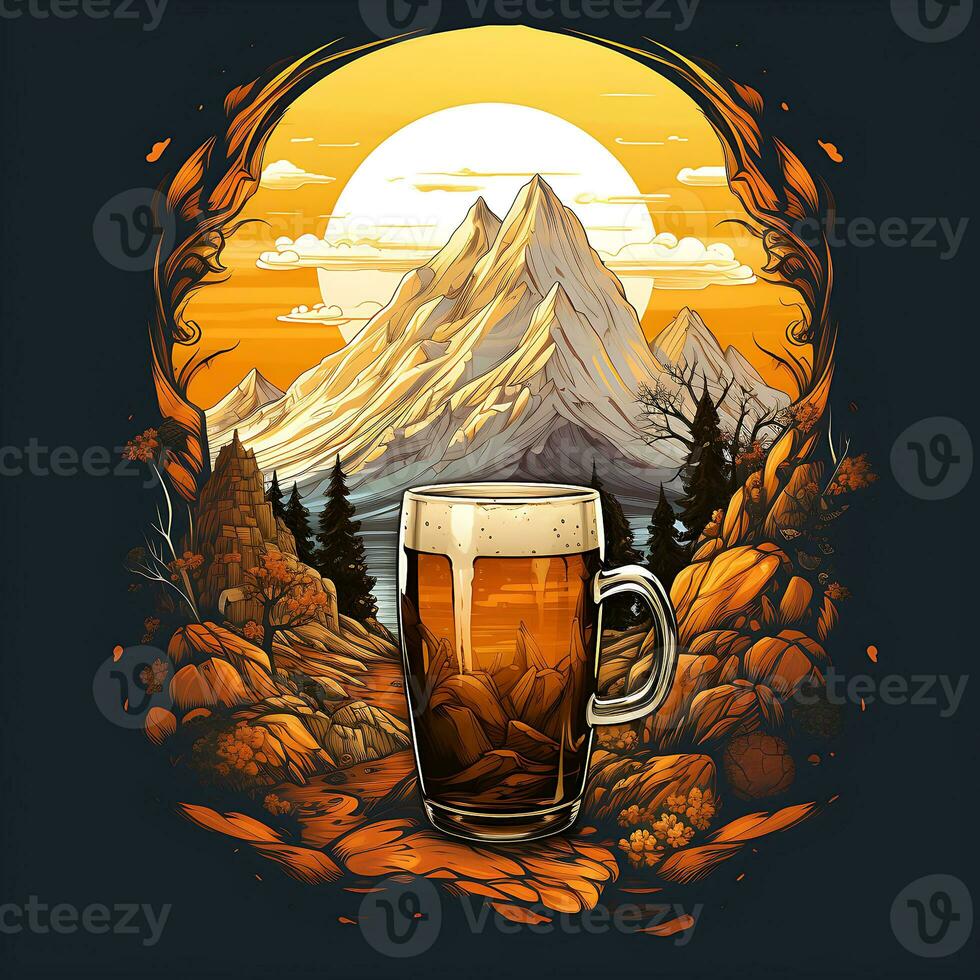 Colorful view of beer in glass and mountain generated by Ai photo