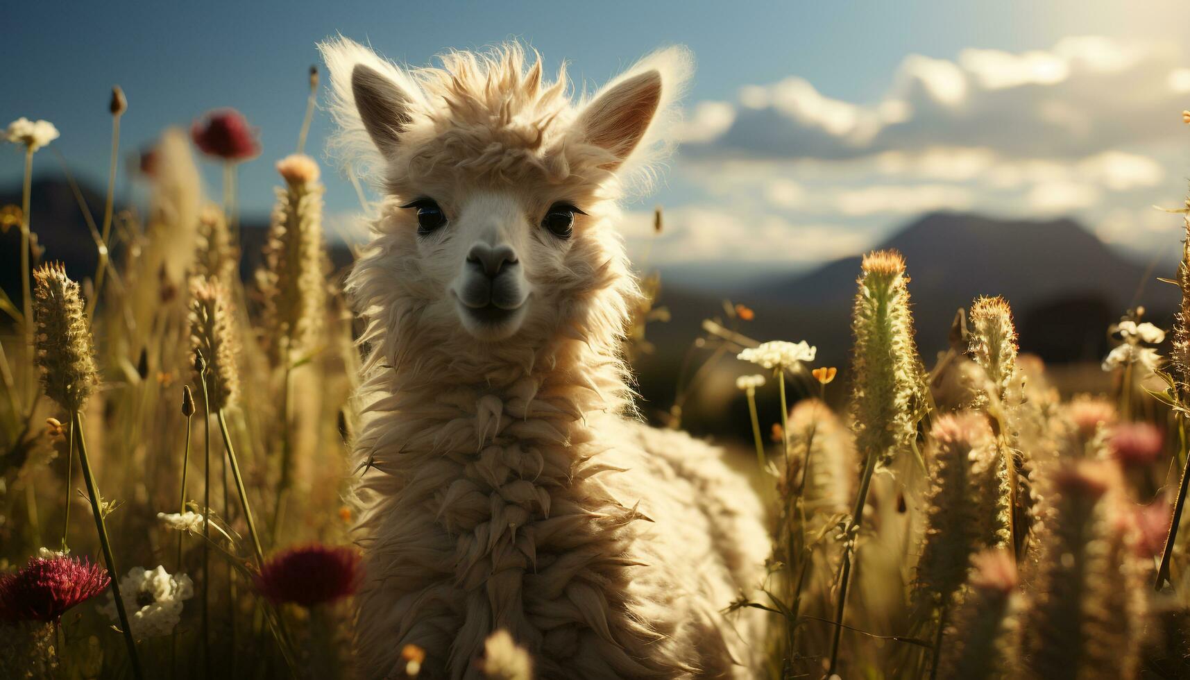 A fluffy alpaca grazes in the meadow, enjoying the sunset generated by AI photo