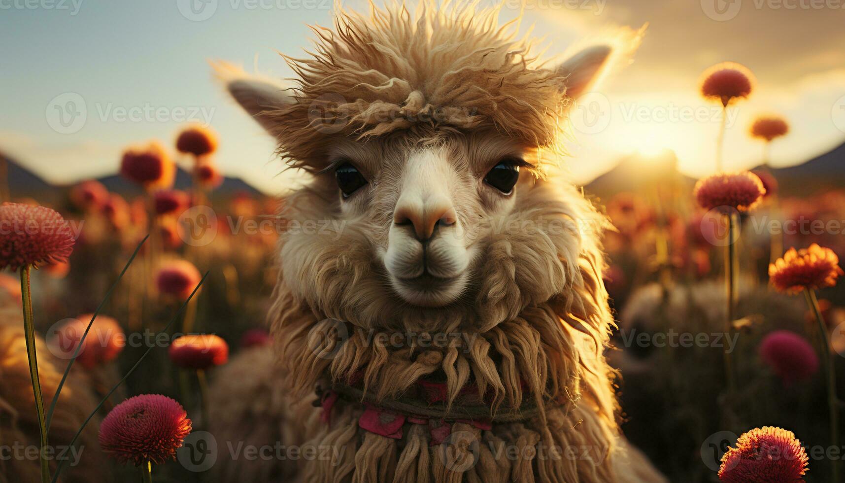 A cute alpaca in the meadow, looking at the camera generated by AI photo