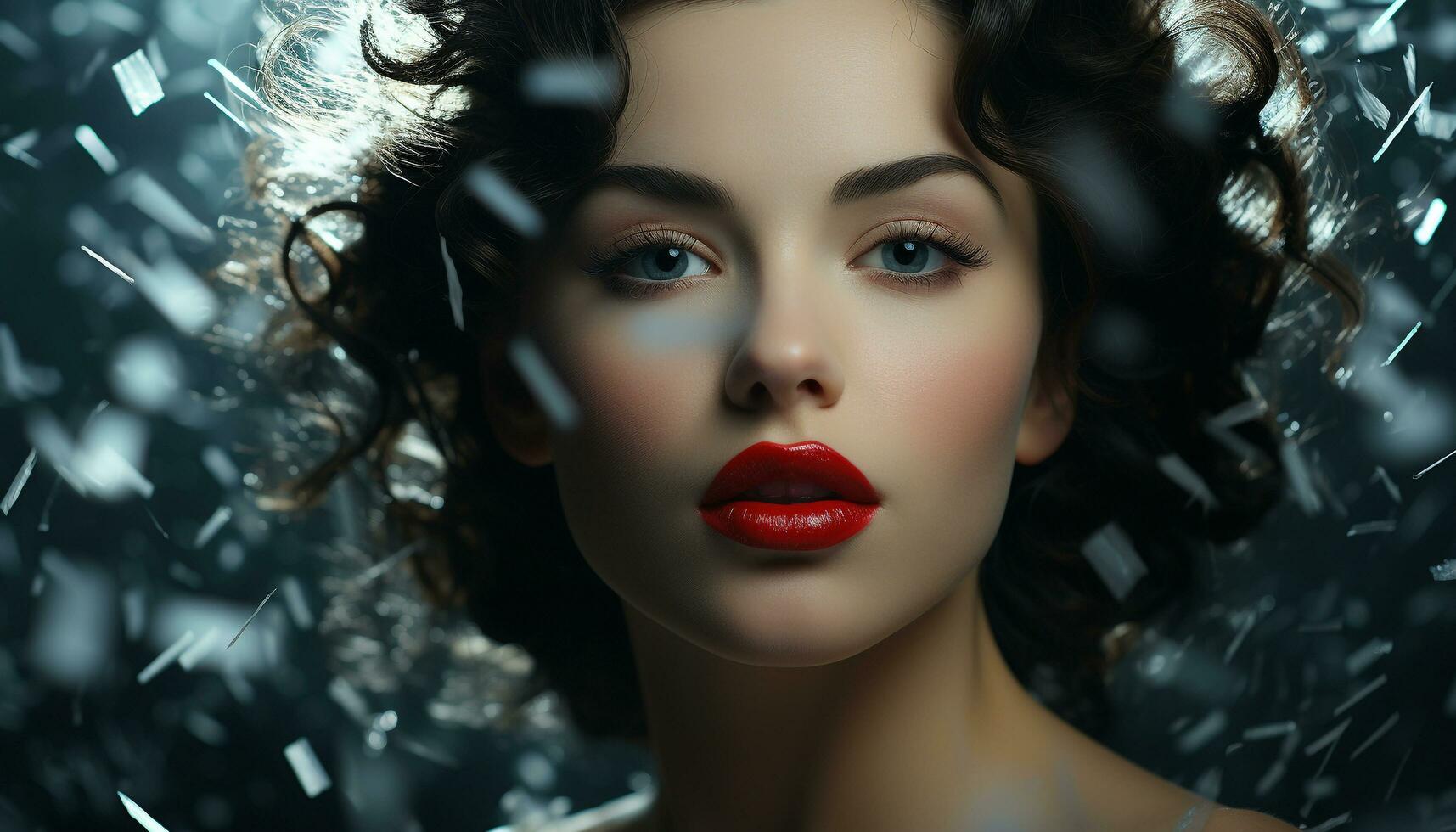 A beautiful woman with curly brown hair, looking at camera generated by AI photo