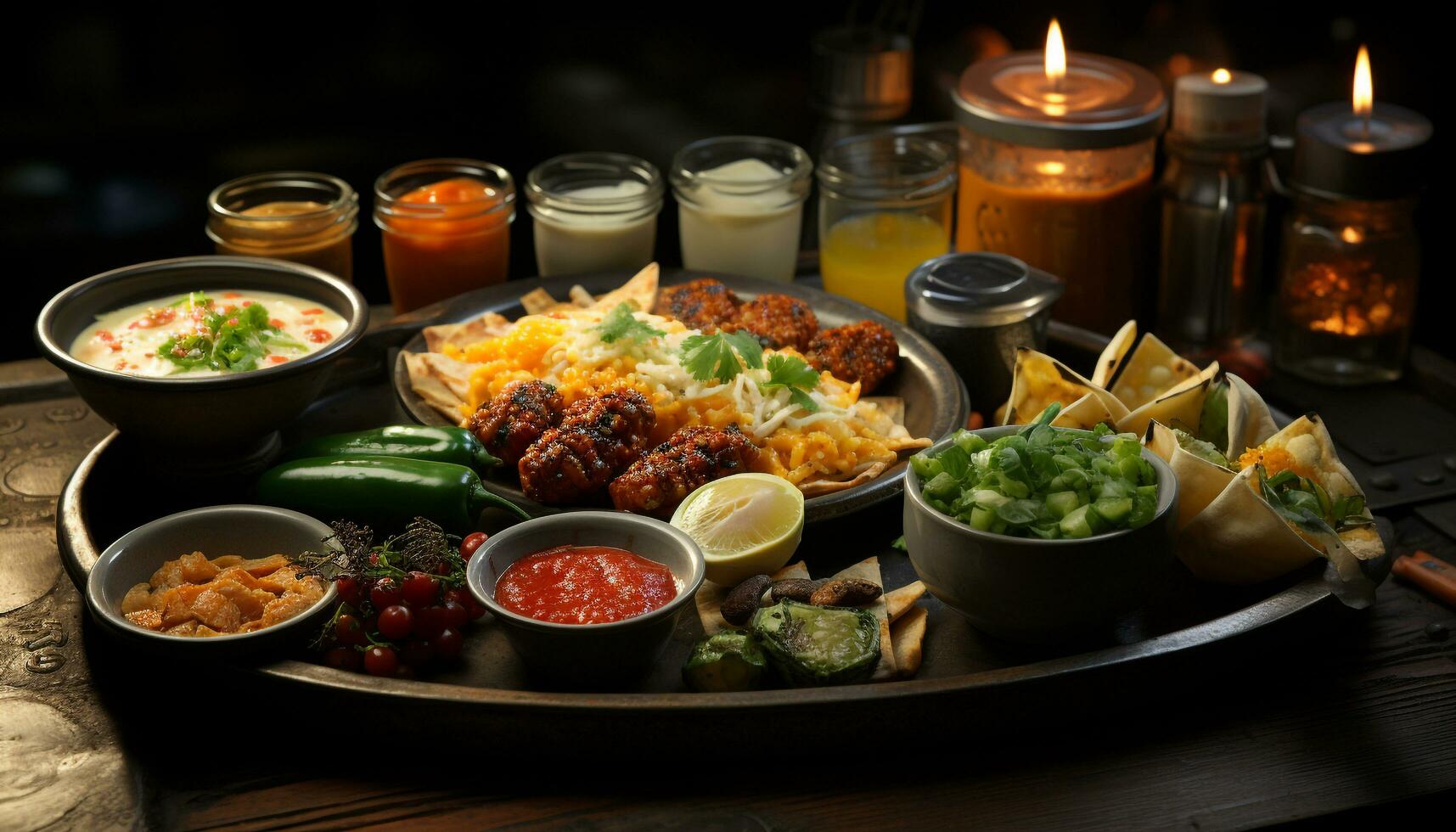 Grilled meat, guacamole, vegetable, gourmet, freshness, barbecue, high angle view, spice, plate, healthy eating generated by AI photo