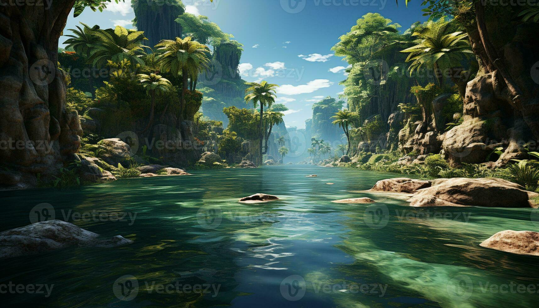 The tranquil scene of a tropical rainforest, palm trees swaying generated by AI photo