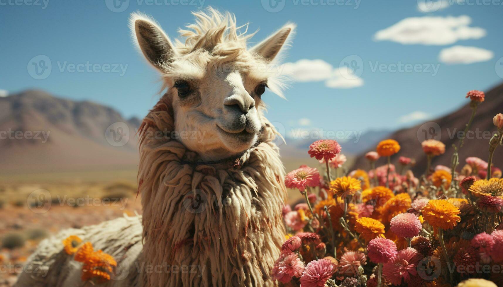 A cute alpaca smiles, looking at camera in the meadow generated by AI photo